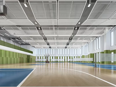 Indoor Sports Gymnasium Featuring Basketball Court Wooden Floor Green Walls Large Windows And Ceiling Lights 3d model