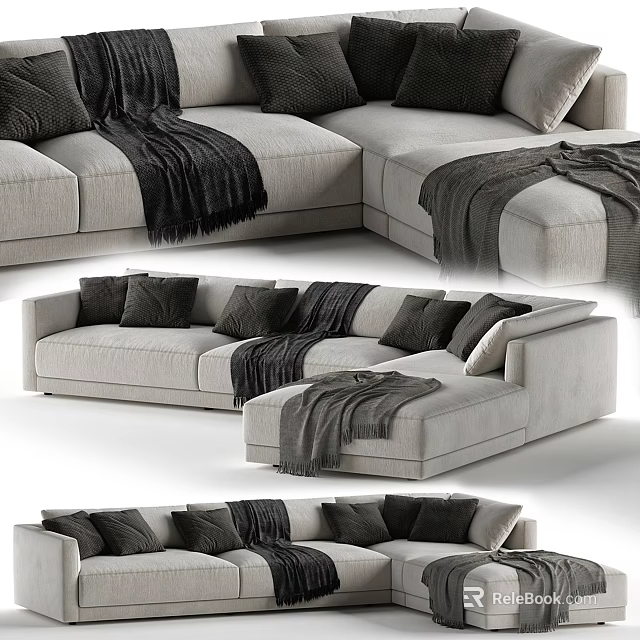 Modern Light Gray Sectional Sofa With Black Pillows And Cozy Throw Blankets 3d model 