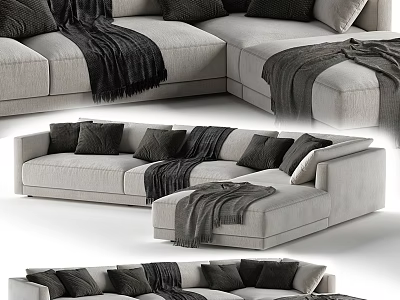 Modern Light Gray Sectional Sofa With Black Pillows And Cozy Throw Blankets 3d model