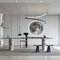 Modern Tea Room With Marble Long Table Stools Round Moon Decoration And Hanging Lights