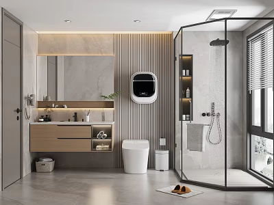Modern Bathroom Interior Design With Vanity Toilet Glass Shower Mirror And Stone Countertop 3d model