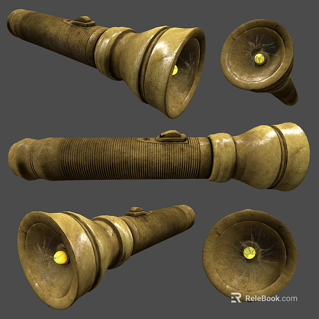 Vintage Brass Flashlights Multiple Views With Textured Body And Yellow Bulb 3d model 