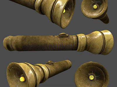 Vintage Brass Flashlights Multiple Views With Textured Body And Yellow Bulb 3d model
