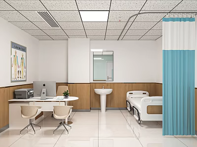 Clean Hospital Outpatient Clinic Interior With Desk Computer Chairs Bed Sink And Anatomy Chart 3d model