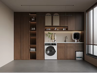 Modern Laundry Room Design With Dark Wooden Cabinets Washing Machine Sink And Window Blinds 3d model