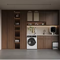 Modern Laundry Room Design With Dark Wooden Cabinets Washing Machine Sink And Window Blinds