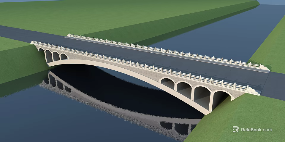 Arch Bridge With Multiple Arches White Railings Spanning River Green Grass And Water Reflection 3d model 
