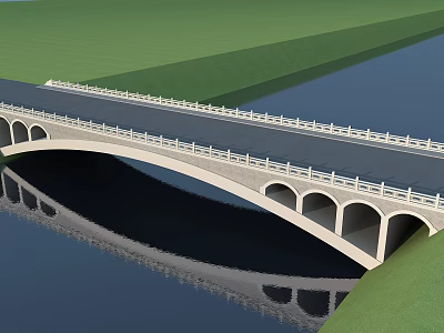 Arch Bridge With Multiple Arches White Railings Spanning River Green Grass And Water Reflection 3d model