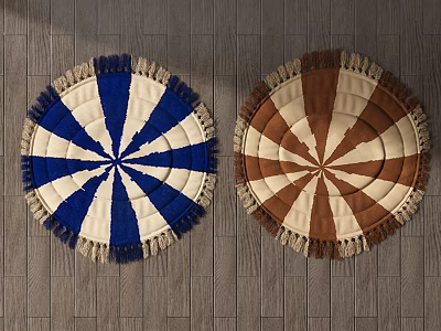 Round Area Rugs Blue White and Brown White Striped with Fringed Edges on Wooden Floor 3d model