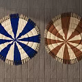 Round Area Rugs Blue White and Brown White Striped with Fringed Edges on Wooden Floor