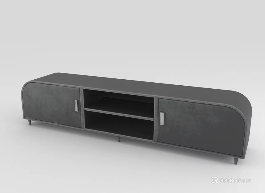 Modern Dark Gray TV Stand With Cabinet Doors And Open Shelf Design 3d model 
