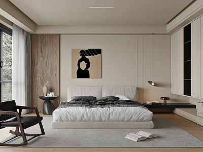 Modern Bedroom With Large Bed Black And White Portrait Wooden Wall Floor To Ceiling Window 3d model