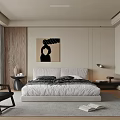 Modern Bedroom With Large Bed Black And White Portrait Wooden Wall Floor To Ceiling Window
