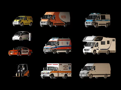 Various Types of Utility Vehicles Including Ambulance Fire Truck Police Van RV and Forklift Showcased 3d model
