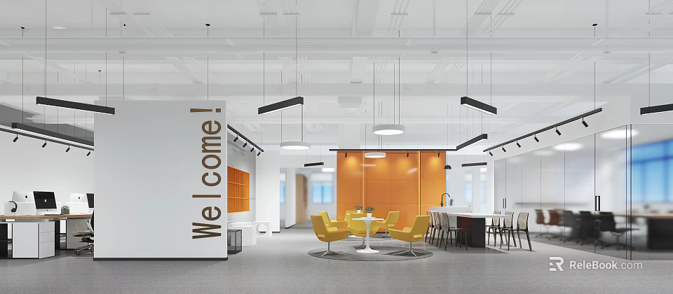 Modern Public Office Space With Orange Walls Yellow Chairs Round White Tables And Hanging Lights 3d model 