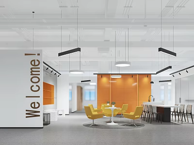 Modern Public Office Space With Orange Walls Yellow Chairs Round White Tables And Hanging Lights 3d model