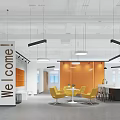 Modern Public Office Space With Orange Walls Yellow Chairs Round White Tables And Hanging Lights