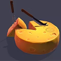 Delicious Yellow Cheese Wheel with Knife Fork and Sliced Piece on Dark Background