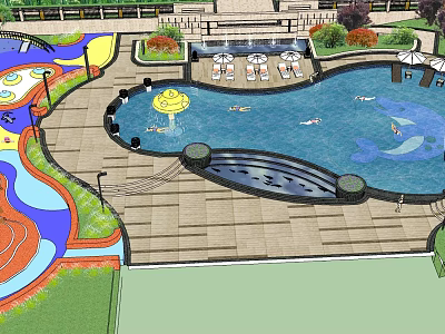Children's Play Area With Water Pool Colorful Slides Dolphin Design And Shade Umbrellas 3d model