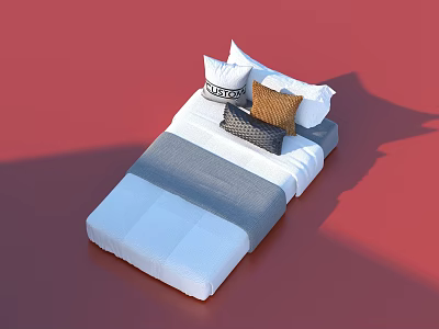 Cozy Modern Bedding with Blue Grey White Comforter and Brown Grey Pillows on Red Bed 3d model