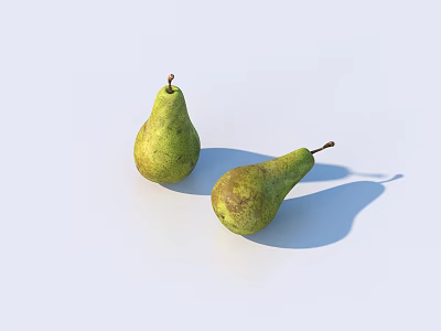 Two Fresh Green Speckled Pears on Light Blue Background with Soft Shadows 3d model