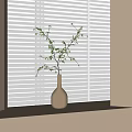Beige Vase with Green Leafy Twigs on Sunlit Windowsill Against White Blinds