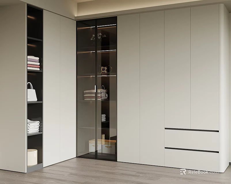 Modern Wardrobe Interior With White Doors Glass Door And Open Storage Shelves 3d model 