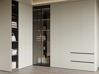 Modern Wardrobe Interior With White Doors Glass Door And Open Storage Shelves 3d model
