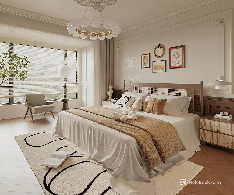 Modern Bedroom Interior With Chandelier Large Windows Plants Mirror Decorative Paintings And Bed Pillows 3d model 