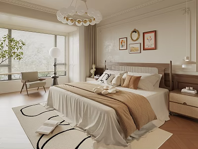 Modern Bedroom Interior With Chandelier Large Windows Plants Mirror Decorative Paintings And Bed Pillows 3d model