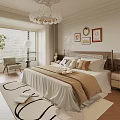 Modern Bedroom Interior With Chandelier Large Windows Plants Mirror Decorative Paintings And Bed Pillows