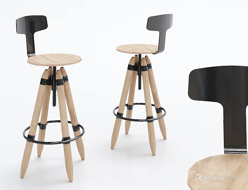 Modern Wooden Bar Stools With Black Backrest And Metal Ring Details 3d model 
