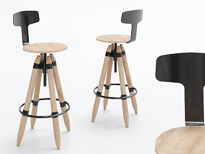 Modern Wooden Bar Stools With Black Backrest And Metal Ring Details 3d model