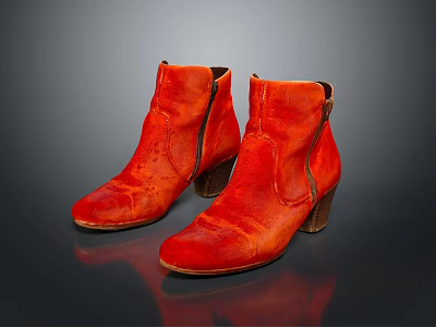 Stylish Red Leather Ankle Boots With Zipper Design And Block Heel 3d model