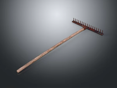 Agricultural Rake Tool with Wooden Handle and Metal Tines for Farming Use 3d model