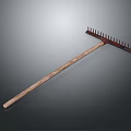 Agricultural Rake Tool with Wooden Handle and Metal Tines for Farming Use