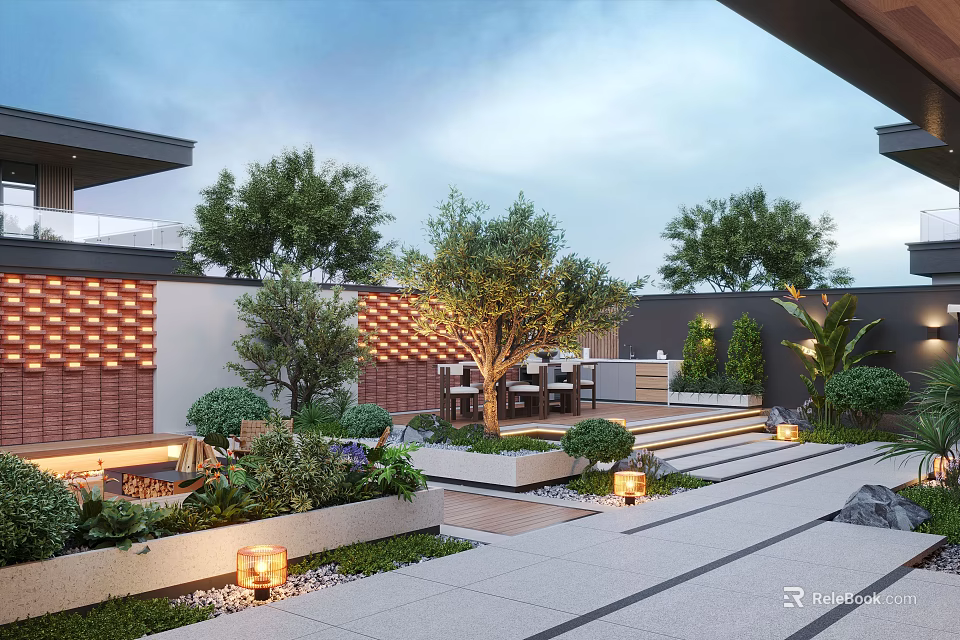 Modern Courtyard Garden Design With Trees Shrubs Seating Area Stone Pathway And Lantern Lighting 3d model