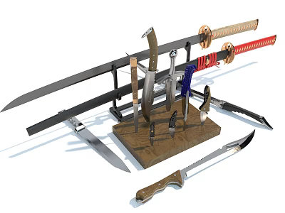 Various Sharp Weapons Including Swords Knives And Blades On Wooden Display Rack 3d model