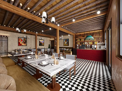 Charming Restaurant Interior With Wooden Ceiling Pendant Lights Dining Tables And Checkered Floor 3d model