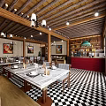Charming Restaurant Interior With Wooden Ceiling Pendant Lights Dining Tables And Checkered Floor