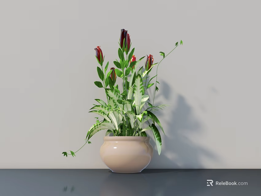Potted Plant With Red Flowers Green Leaves In Beige Pot On Gray Tabletop 3d model 