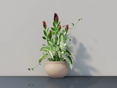 Potted Plant With Red Flowers Green Leaves In Beige Pot On Gray Tabletop 3d model