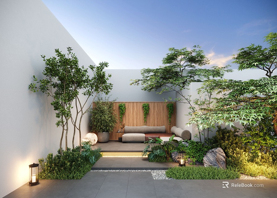 Serene Garden With White Walls Blue Sky Trees Wooden Backdrop Sofa Stones And Lantern Lights 3d model 