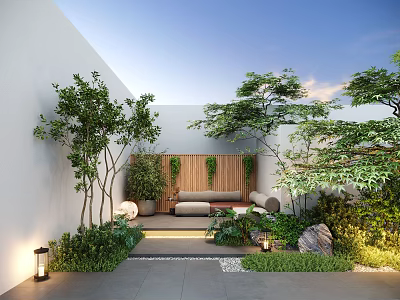 Serene Garden With White Walls Blue Sky Trees Wooden Backdrop Sofa Stones And Lantern Lights 3d model