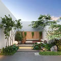 Serene Garden With White Walls Blue Sky Trees Wooden Backdrop Sofa Stones And Lantern Lights