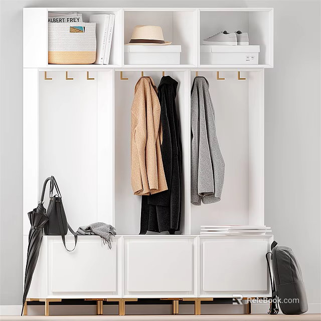 White Modern Wardrobe With Hanging Coats Top Storage Boxes And Lower Cabinets 3d model 