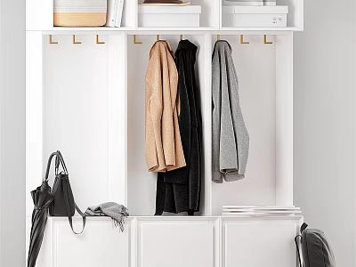 White Modern Wardrobe With Hanging Coats Top Storage Boxes And Lower Cabinets 3d model