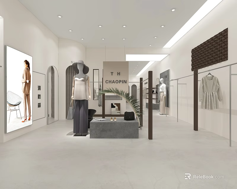Modern Minimalist Clothing Store Interior With Mannequins Displayed Clothes And Plant Decor 3d model 