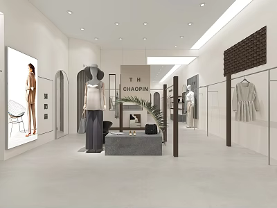 Modern Minimalist Clothing Store Interior With Mannequins Displayed Clothes And Plant Decor 3d model