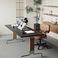 Modern Study Room With Large Window Wooden Desk Cozy Chair Wall Shelves And Green Plant 3d model